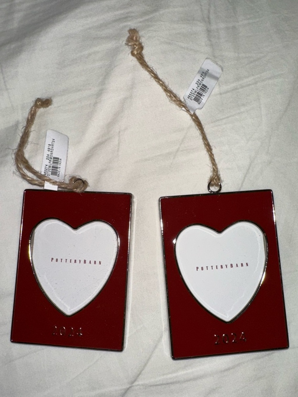 2  X POTTERY BARN 2024 ENAMEL HEART FRAME ORNAMENTS 3 X 4" ~ RED CHRISTMAS